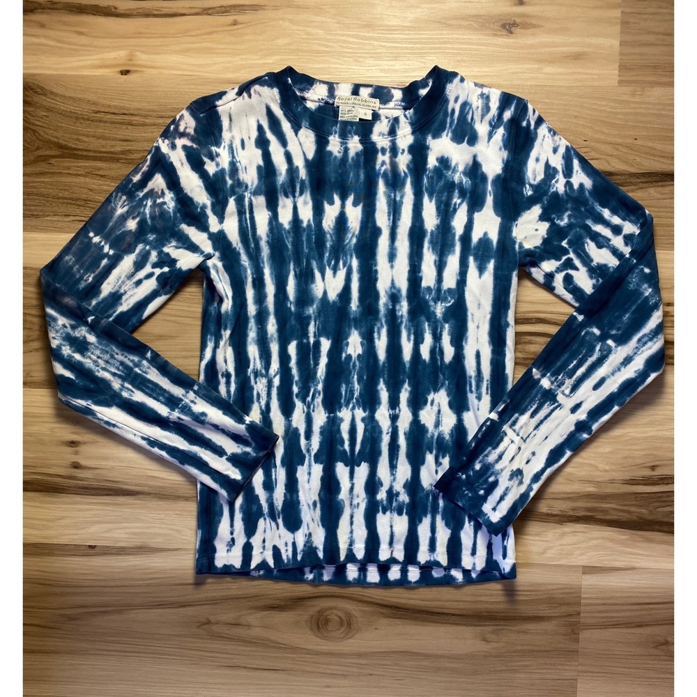 Royal Robbins Womens Small Blue White Tie Dye Long Sleeve Cotton‎ T-Shirt Top